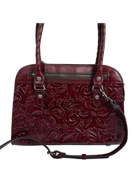 Patricia Nash Calvi Oxblood Floral Tooled Leather Satchel + Crossbody Strap
